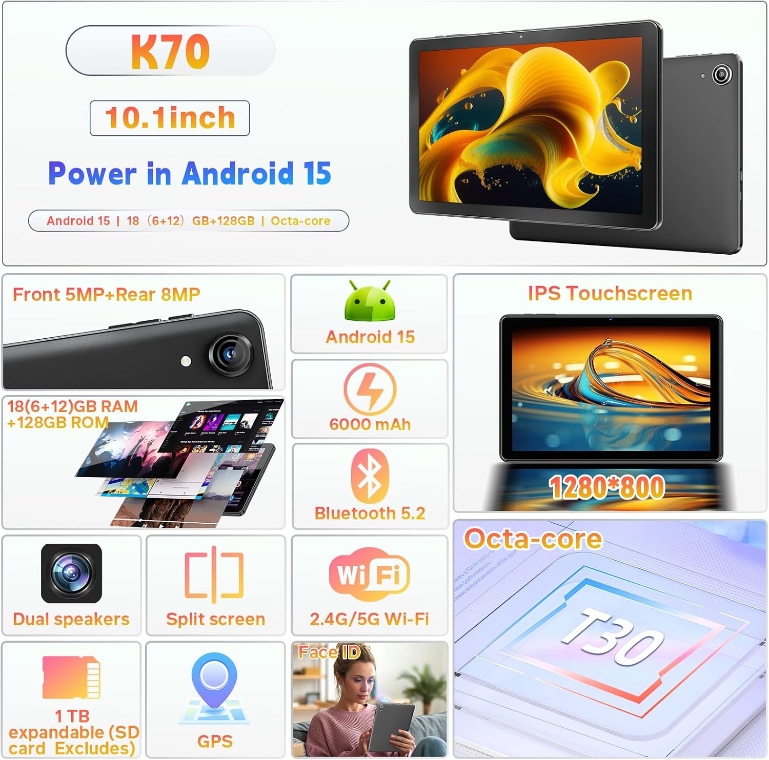 Android Tablet 10 Inch, Android 15 for Work, Study, Black | 18GB RAM 128GB