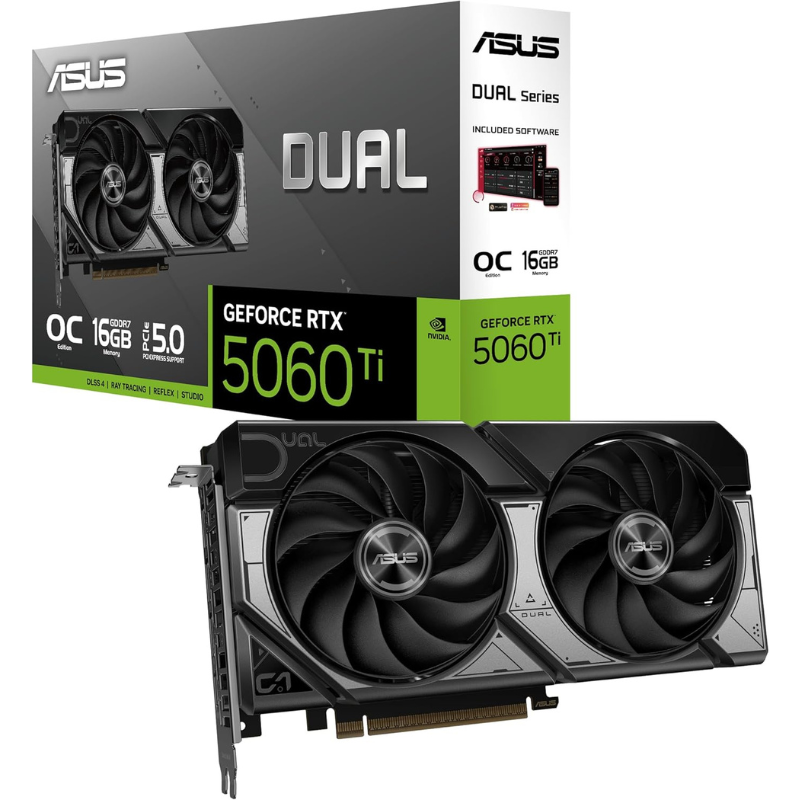 ASUS Dual NVIDIA GeForce RTX 5060 Ti 16GB GDDR7 OC Edition Graphics Card, (PCIe 5.0, DLSS 4, HDMI 2.1b, DisplayPort 2.1b, 2.5-Slot, Axial-tech Fan, 0dB Technology), 3 Year Warranty