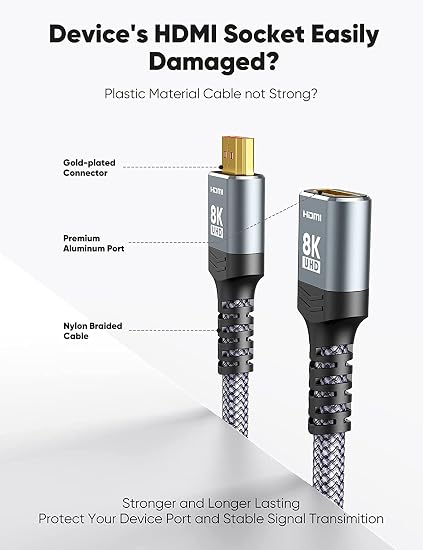 8K 4K HDMI Extender, HDMI Extension Cable 2.1 4K@30Hz/ 60Hz/ 120Hz