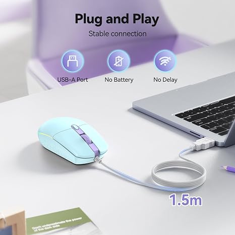 Wired Mouse - USB Corded Mouse with RGB Backlit Full Size Optical Silent Mouse with Side Buttons,LED