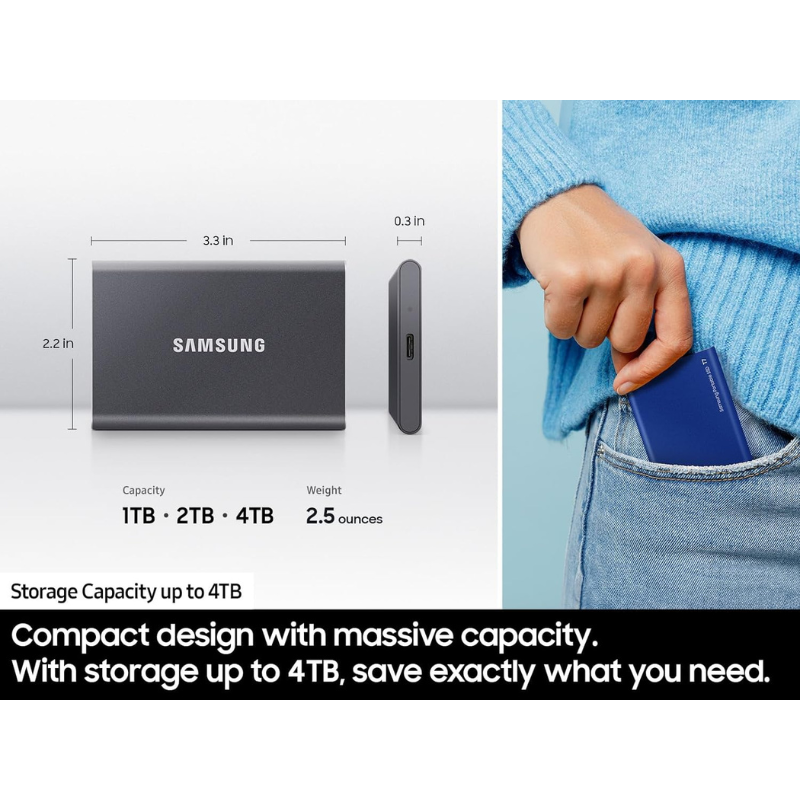 Samsung T7 Portable SSD 1TB Titan Gray, USB 3.2 Gen 2, Up to 1,050MB/s