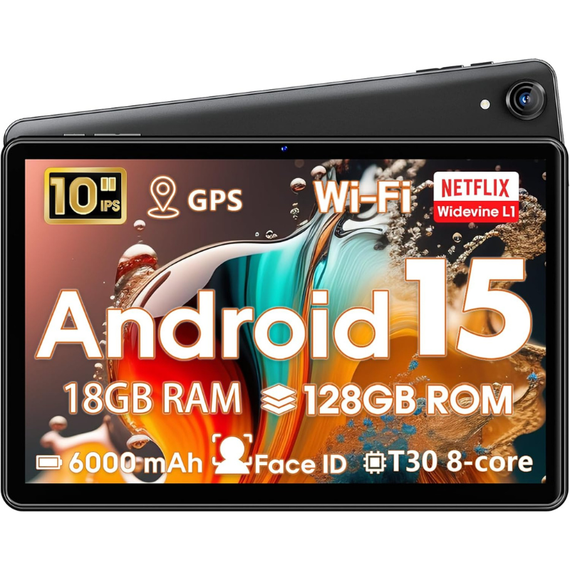 Android Tablet 10 Inch, Android 15 for Work, Study, Black | 18GB RAM 128GB